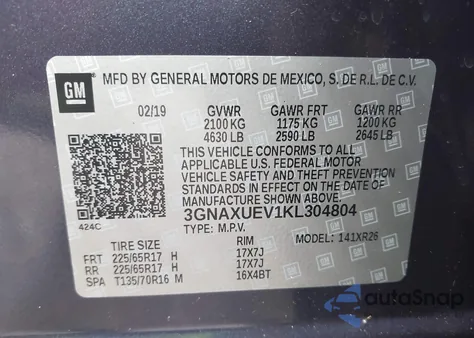 2019 Chevrolet Equinox Lt z USA, uszkodzony, nr VIN 3GNAXUEV1KL304804